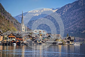 Spring in the scenic view of famous destination. Hallstatt village in the Austrian Alps with Hallstattersee lake , Maria am Berg c