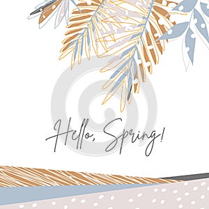 Spring scrapbook card in neutral colors with stylized  polka dot branches and leaves