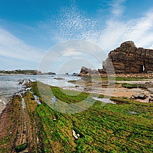 Spring sea rocky coast view with hole in rock and algae on stone (Playa Del Portio, Biskaya, Cantabria, Spain photo