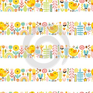 Spring seamless border patern with cute cartoon birds with chickens, flowers, rainbow, insects in a colorful palette. Vector