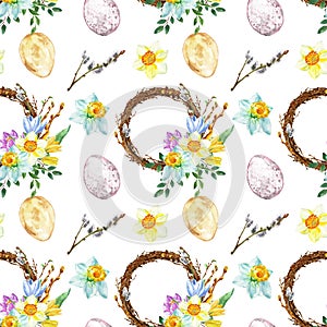 Spring seamless pattern with bird eggs and flowers on white background. Bright Easter print