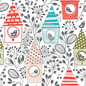 Spring seamless pattern with birds, floral and birdhouses.Cartoon vector illustration.