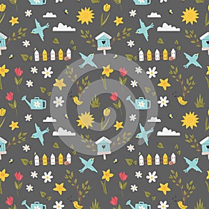 Spring seamless pattern with birds and flowers