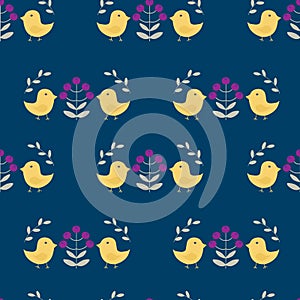Spring seamless pattern with birds, flowers and leaves in scandinavian style, on a blue background, vector