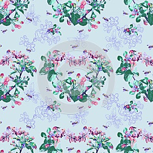 Spring seamless pattern. Blooming heart. Flowers on a blue background