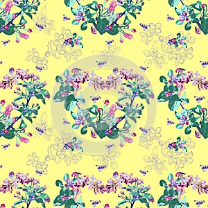 Spring seamless pattern. Blooming heart. Flowers on a yellow background