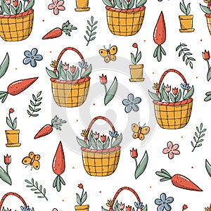 Spring seamless pattern with carrots and flowers
