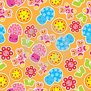 Spring seamless pattern with cute butterfly, mushroom, and flower cartoon