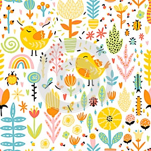 Spring seamless pattern with cute cartoon birds with chickens, flowers, rainbow, insects in a colorful palette. Vector childish