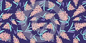 Spring Seamless Pattern of Floral elements in doodle style on violet background. Pink, brown, turquoise and blue Flowers