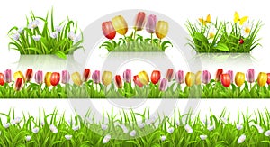 Spring seamless pattern, grass and flowers 3d vector set