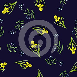 Spring seamless pattern with iris and forget-me-not
