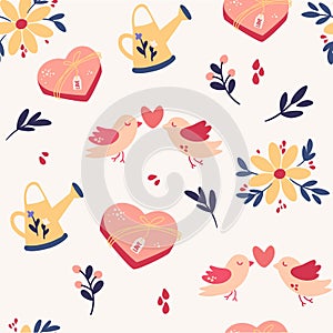 Spring seamless pattern. Romantic background with birds, flowers, watering can and sweets.