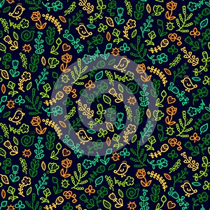 Spring seamless pattern in vector with flower, bird, snail, butterfly, ladybug, leaf, heart. Floral background.