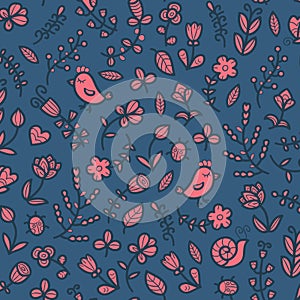 Spring seamless pattern in vector with flower, bird, snail, butterfly, ladybug, leaf, heart. Floral background.