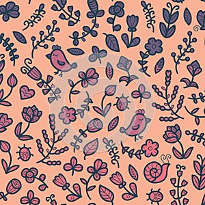 Spring seamless pattern in vector with flower, bird, snail, butterfly, ladybug, leaf, heart. Floral background.