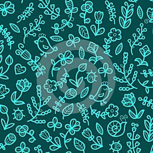 Spring seamless pattern in vector with flower, bird, snail, butterfly, ladybug, leaf, heart. Floral background.