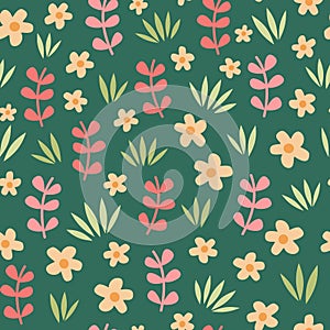 spring seamless vector pattern illustration with daisy flowers, grass and branch with leaves on green background