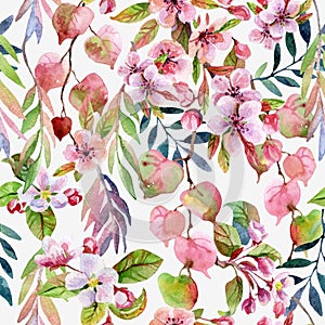 Spring season art background. Watercolor blooming flower, sakura blossom, tree branches, colorful leaves. Floral seamless pattern