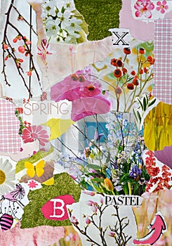 Spring season Atmosphere color blue, pink,green, yellow and pastel mood board with teared magazines with flowers and twigs