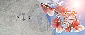 Spring season change time hour clock snow flowers sky blue sun - 3d rendering