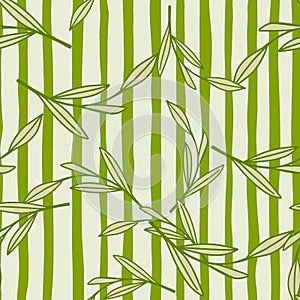 Spring season foliage seamless pattern with random contoured foliage leaf print. Striped background