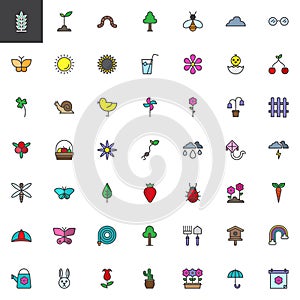 Spring season universal filled outline icons set