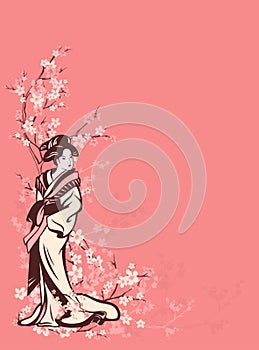 Spring season vector background with Japanese geisha and sakura