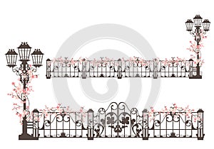 Spring season vector design of iron gate, fence and street light among sakura flowers