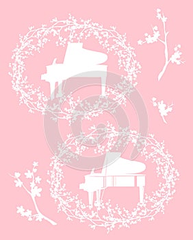 Spring season vector silhouette design with grand piano and cherry tree blossom branches