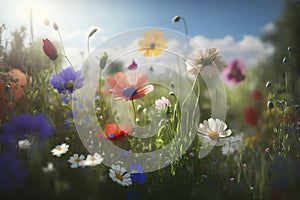 Spring season, Wild flowers on a flower meadow under sunshine