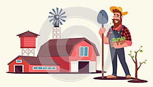 Spring seasonal work on farm flat vector illustration