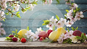 Spring Serenade. Whimsical Fruit and Flower Display on Wood.