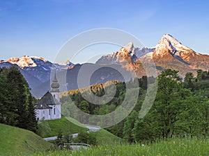 Spring serene scenery with Watzmann mount and Maria Gern church