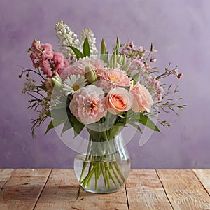 Spring Serenity: Pastel Pink Bouquet on Wooden Table. photo