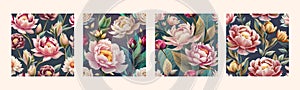 Spring set beautiful flowers. Pink peonies, buds and leaves on colored vintage