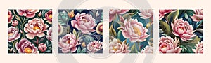 Spring set beautiful flowers. Pink peonies, buds and leaves on colored vintage