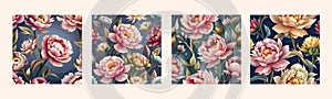 Spring set beautiful flowers. Pink peonies, buds and leaves on colored vintage