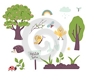 spring set with cute animals, butterflies. Hand drawn flat cartoon elements. Vector illustration. Spring trees nature