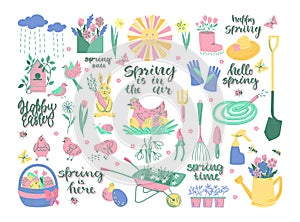 Spring set of elements with lettering. Easter, spring, garden. Vector illustration