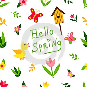 Spring set vector seamless pattern. Chicken, butterfly, flower, plant, twig, birdhouse seamless texture.