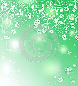 Spring shining fresh green background with decorative floral pattern for wedding invitation,