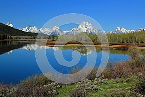 Mount Moran and Teton Range reflected in Oxbow Bend of the Snake River, Grand Teton National Park, Wyoming