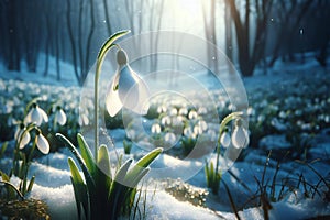 Spring snowdrop flowers in snow. First flowers. Floral background. Backlight, bokeh.