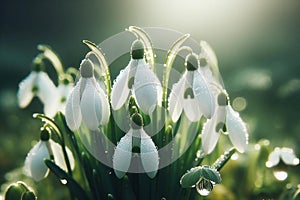 Spring Snowdrop Flowers with Water Drops in Spring Forest on Background Sun and Blurred Bokeh Lights