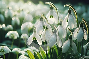 Spring Snowdrop Flowers with Water Drops in Spring Forest on Background Sun and Blurred Bokeh Lights