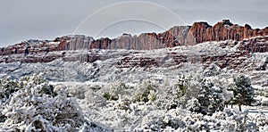 Spring snowfall on the mountains in the desert near Moab, Utah