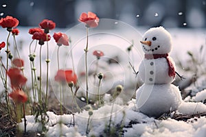 spring snowman near flowers in snow