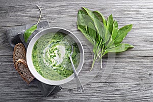 Spring Soup with fresh ramson wild garlic leaves