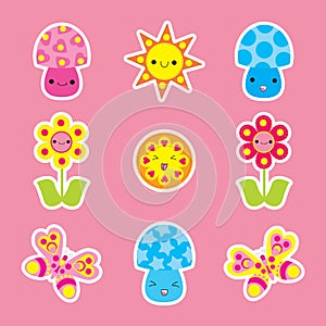 Spring sticker set with cute butterfly, mushroom and flower cartoon